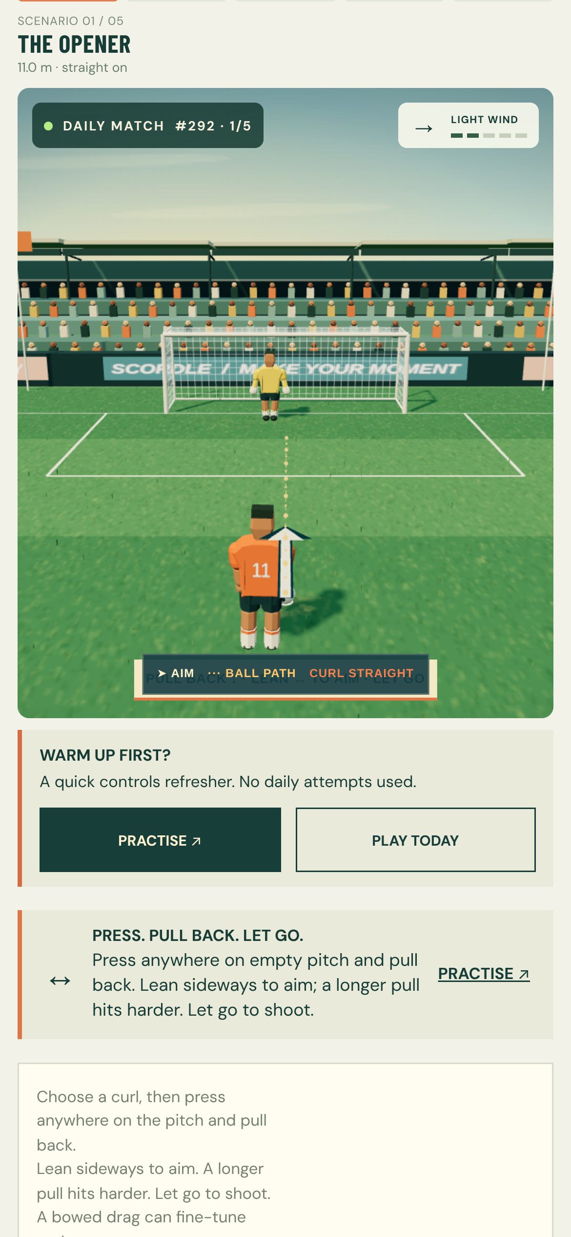 SCORDLE on a phone: the day's opening penalty, kicker facing the goalkeeper.